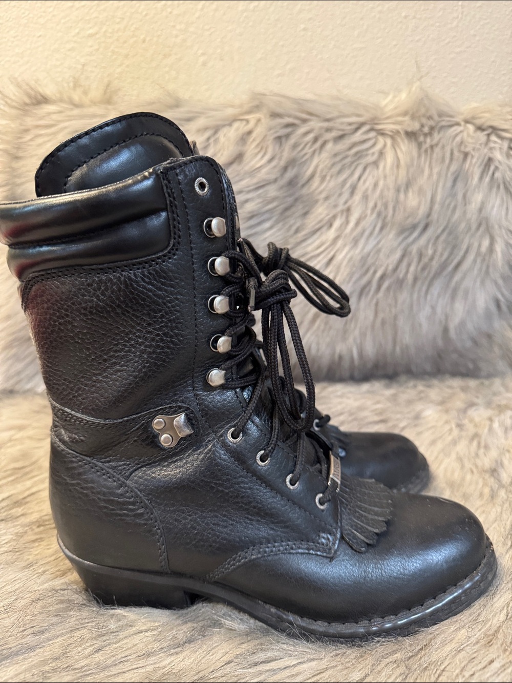 Double H Black Lace-Up Leather Combat Boots Size 8
